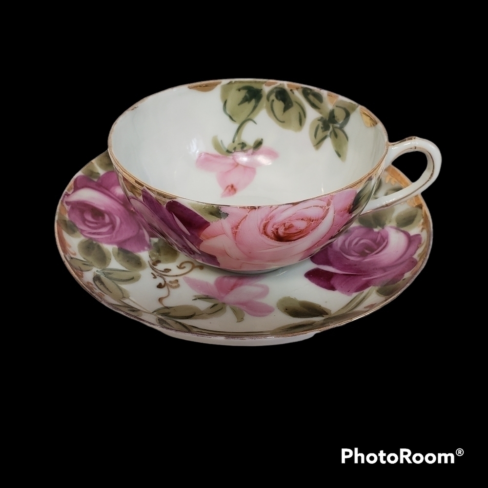 𝅺handpainted Nippon Cabbage Roses Gold Trim Tea Cup and Saucer Pink Purple - Picture 2 of 6